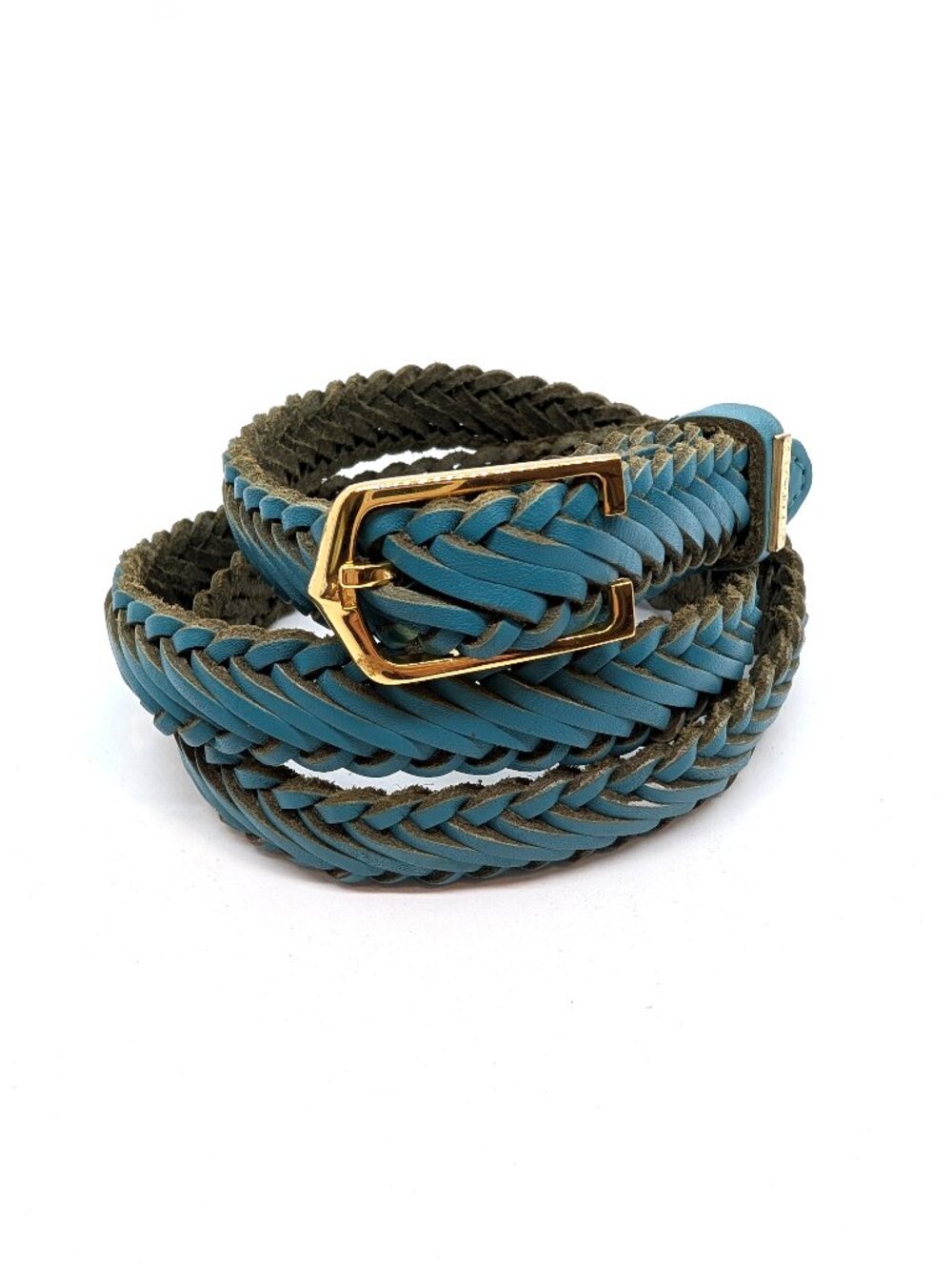 Titan Braided Leather Belt Womens Size L Teal Turquoise Woven Gold Tone Buckle